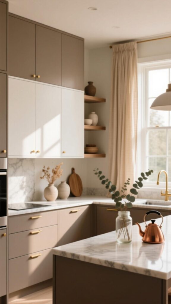 Mix Taupe and White Cabinets