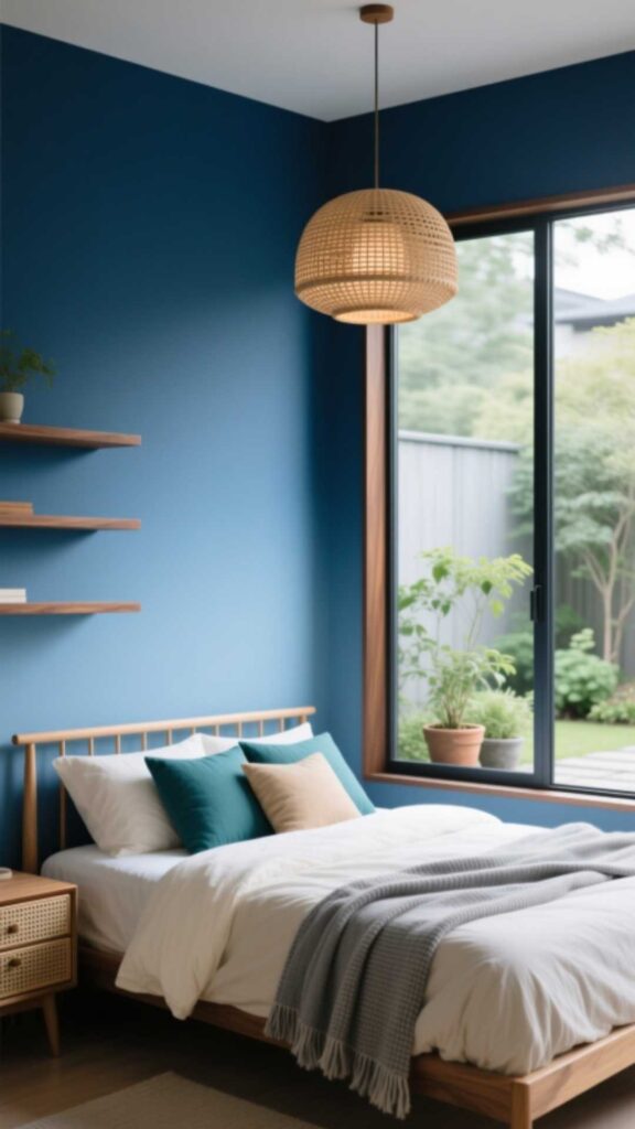 Blue Bedroom with Wooden Accents