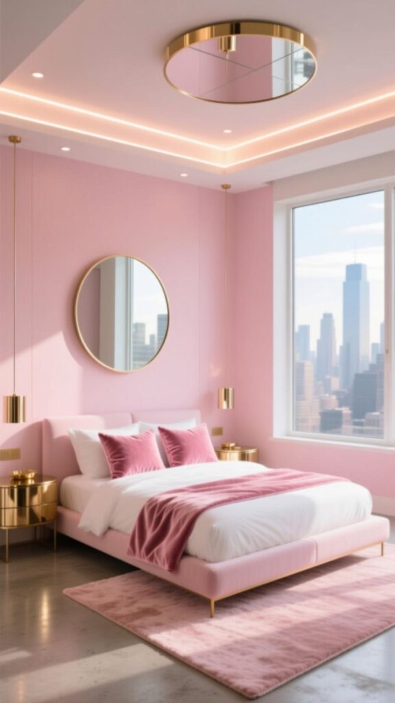 Pink Bedroom with Metallic or Mirror Decor
