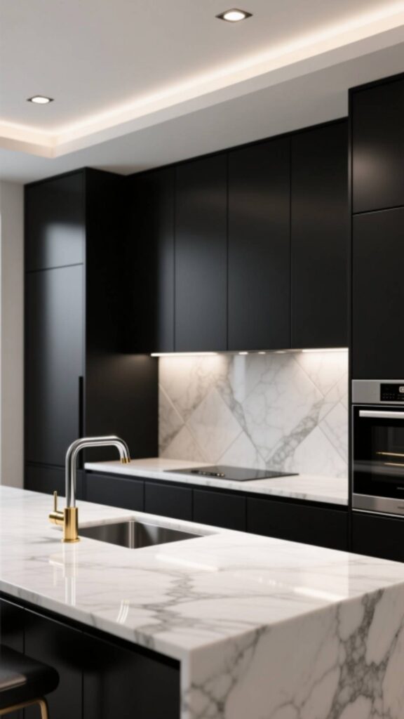 Black Cabinets with White Marble Countertops