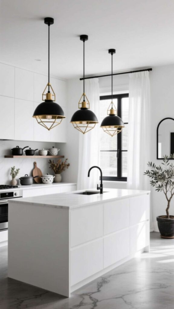 White Kitchen with Black Pendant Lights
