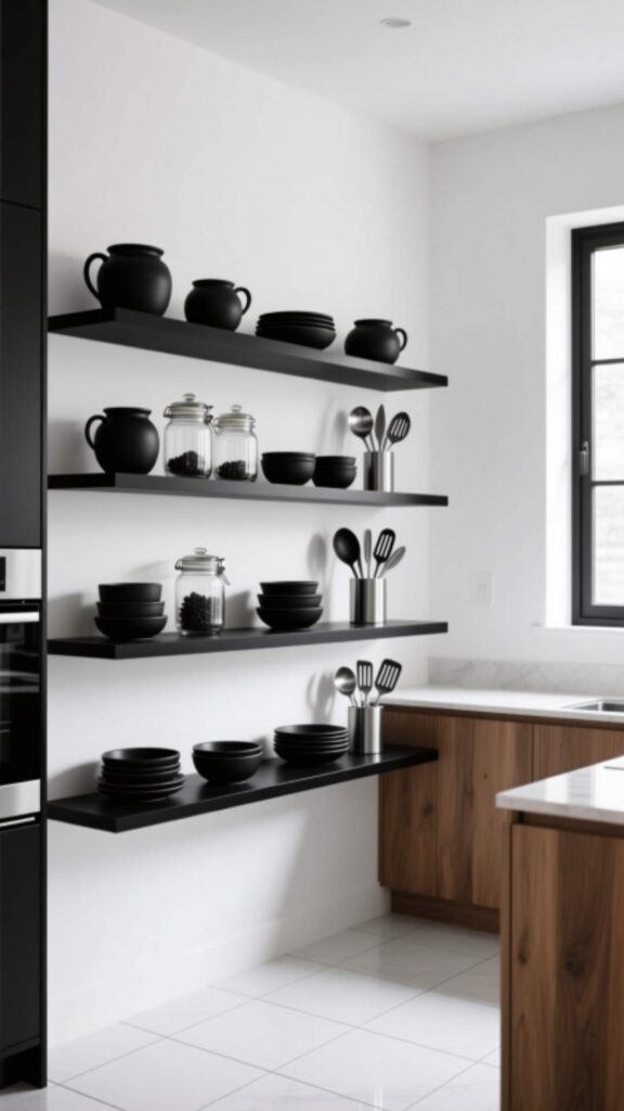 Black Open Shelving with White Walls