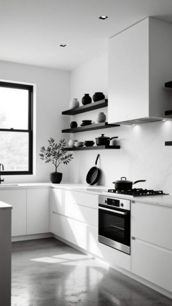 White Kitchen with Black Floating Shelves