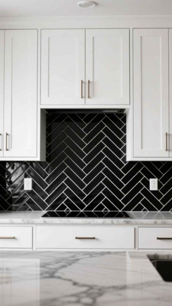 Black Herringbone Backsplash with White Cabinets