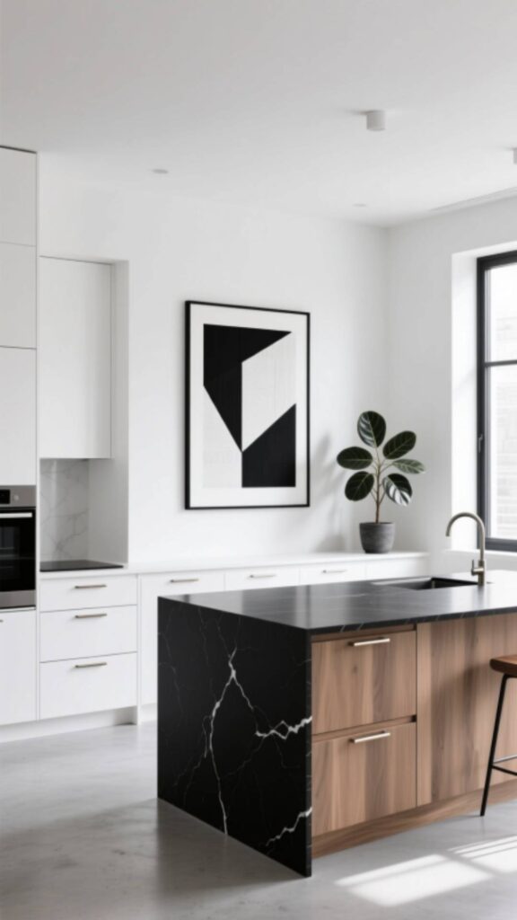 White Kitchen with Black Framed Art