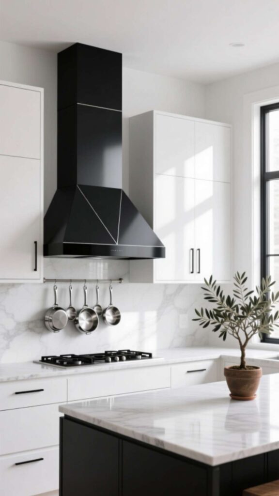 Black Range Hood with White Cabinets