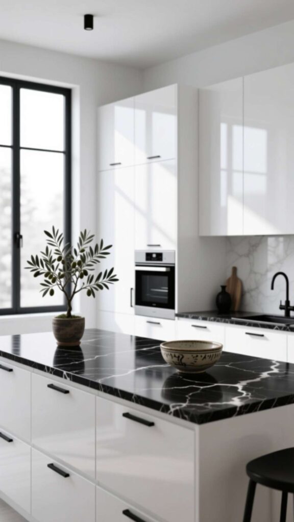 White Kitchen with Black Granite Countertops
