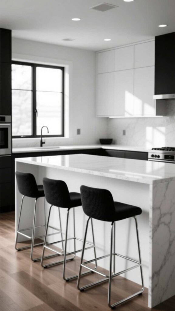 Black Bar Stools with a White Kitchen Island