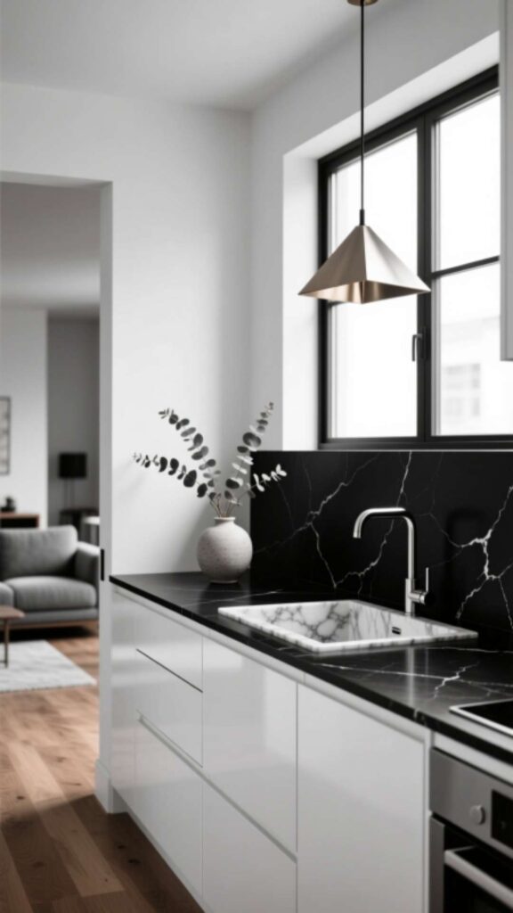 Black Countertops on White Cabinetry