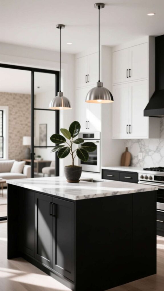 Black Kitchen Island with White Surround Cabinets