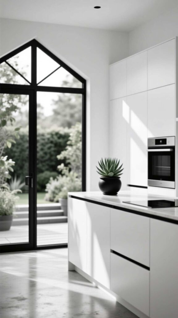 White Kitchen with Black Window Frames