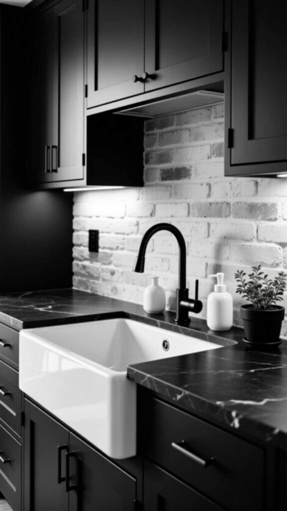 Black Fixtures and White Farmhouse Sink