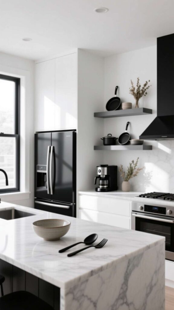 White Kitchen with Black Appliances