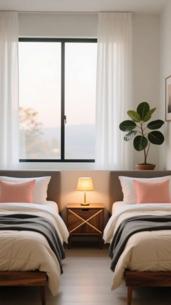 Twin Beds with a Shared Nightstand