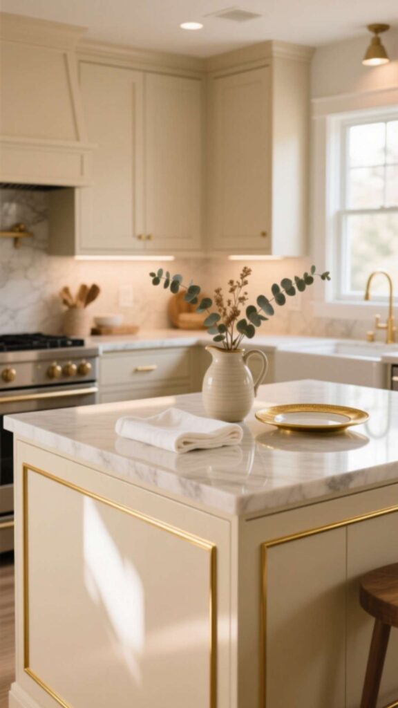 Gold Trim on Cream Kitchen Islands