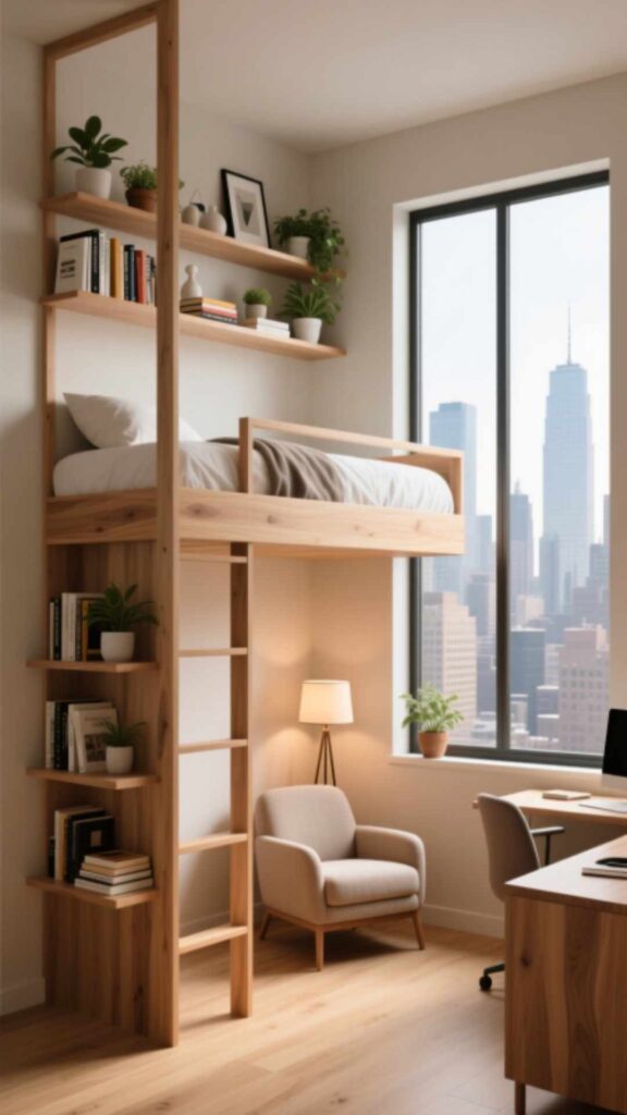 Vertical Shelving and Loft Bed Combo