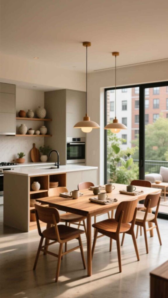 Neutral Kitchen with Warm Dining Furniture