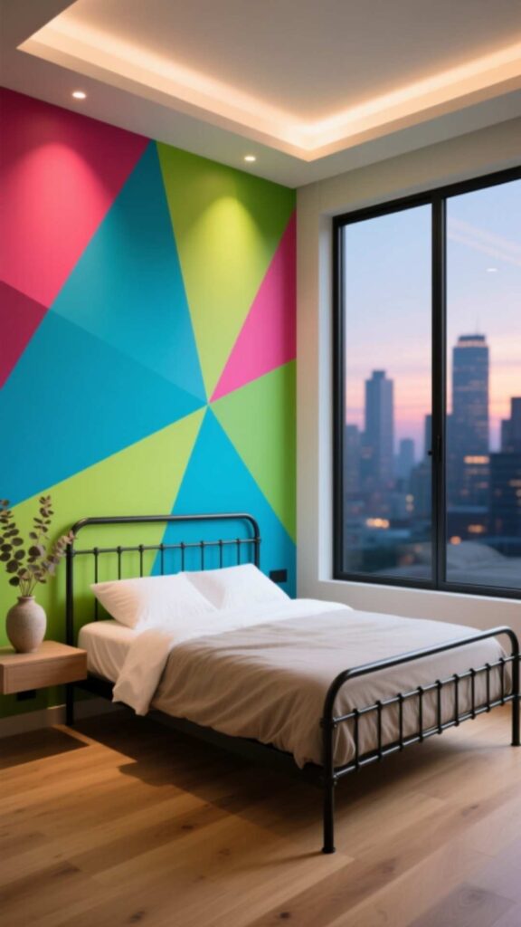 Color-Pop Accent Wall Behind Metal Bed Frame