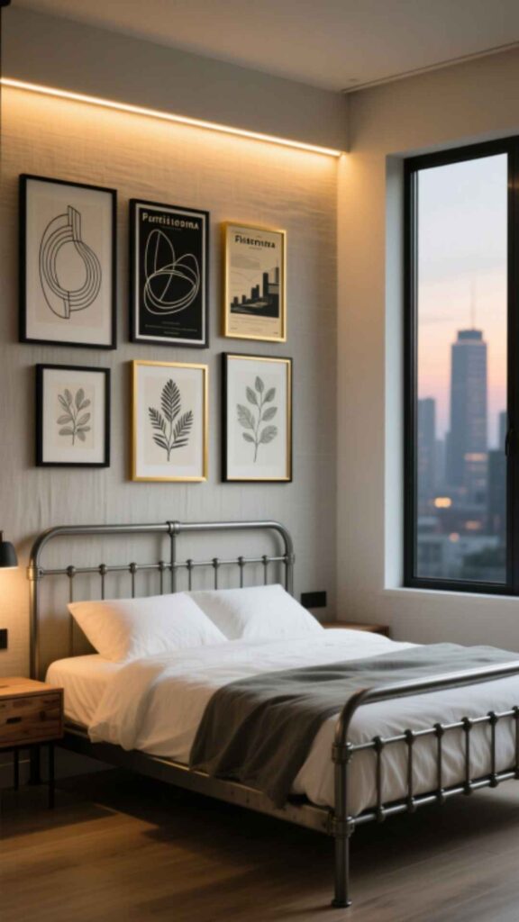 Metal Bed Frame With Artwork Gallery Wall