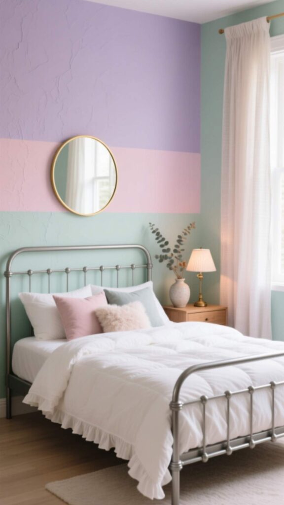 Soft Pastel Bedroom With Metal Bed Frame