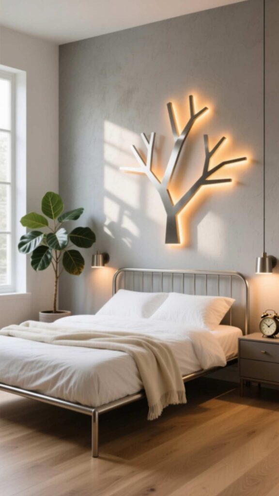 Metal Bed Frame With Modern Wall Lights