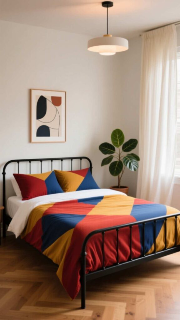 Bold Pattern Bedding on Metal Bed Frame