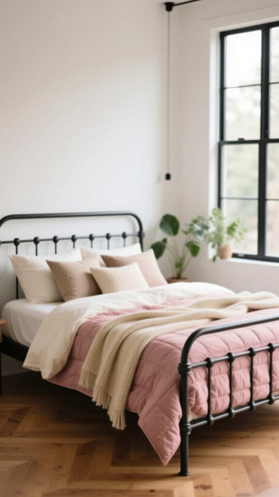 Layered Bedding on Metal Bed Frame