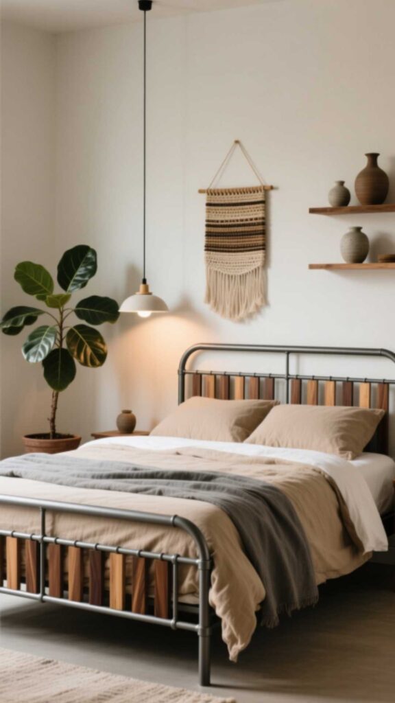 Metal Bed Frame With Wooden Accents