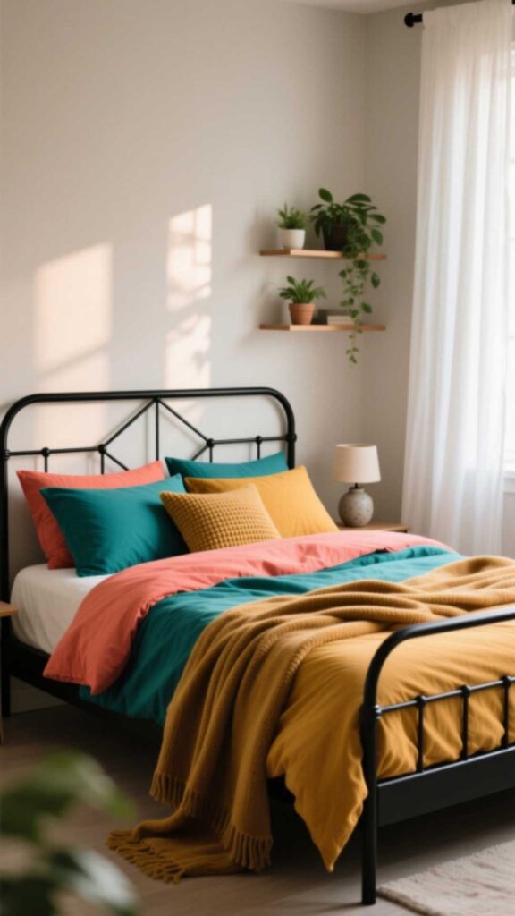 Metal Bed Frame With Colorful Bedding