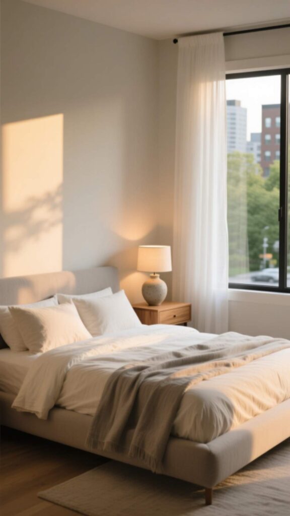 Neutral Bedroom with Warm Lighting