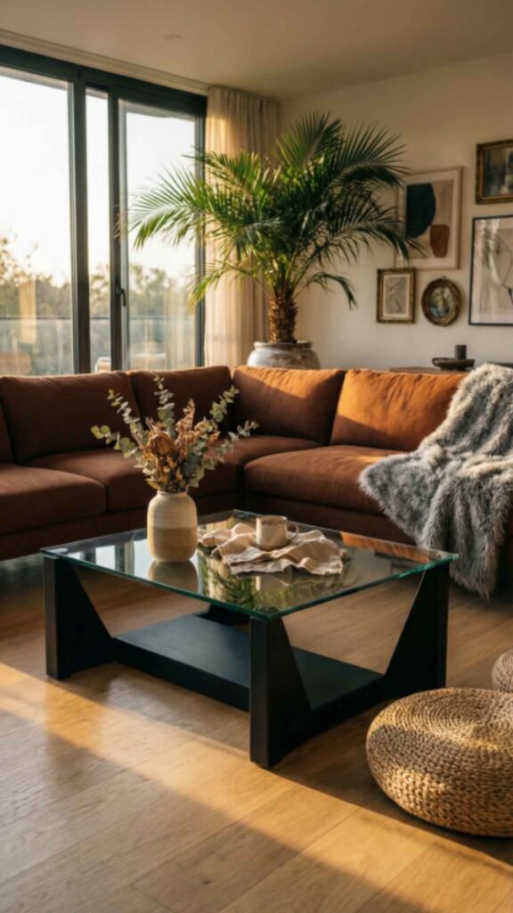Brown Couch With Statement Coffee Table