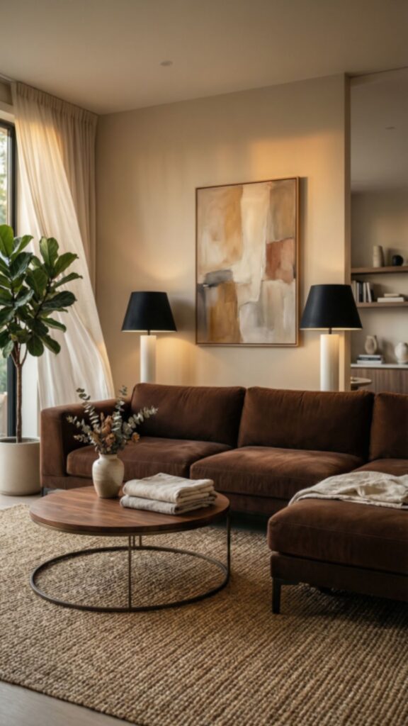 Brown Couch With Neutral Wall Shades