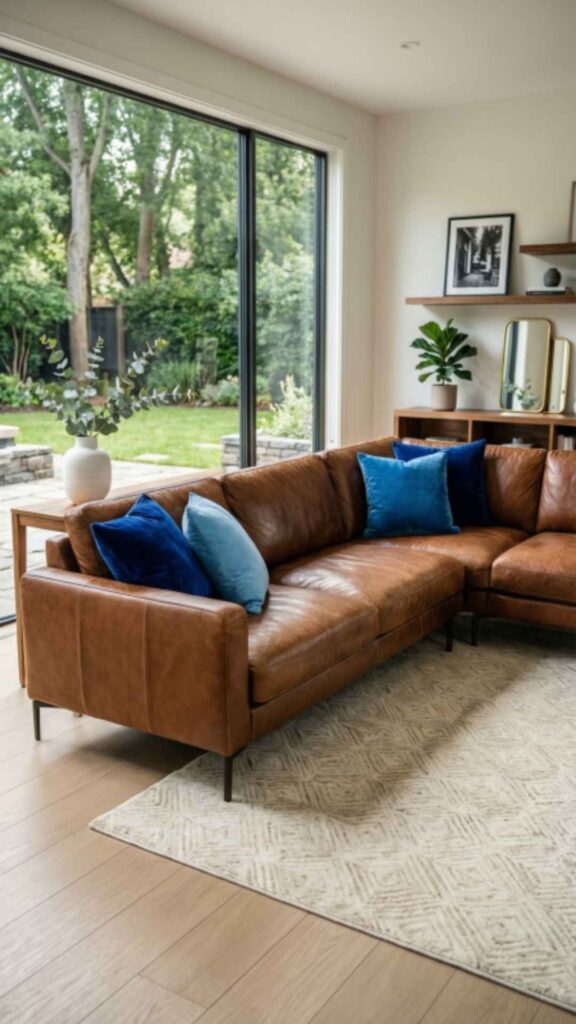 Brown Couch With Blue Accent Shades