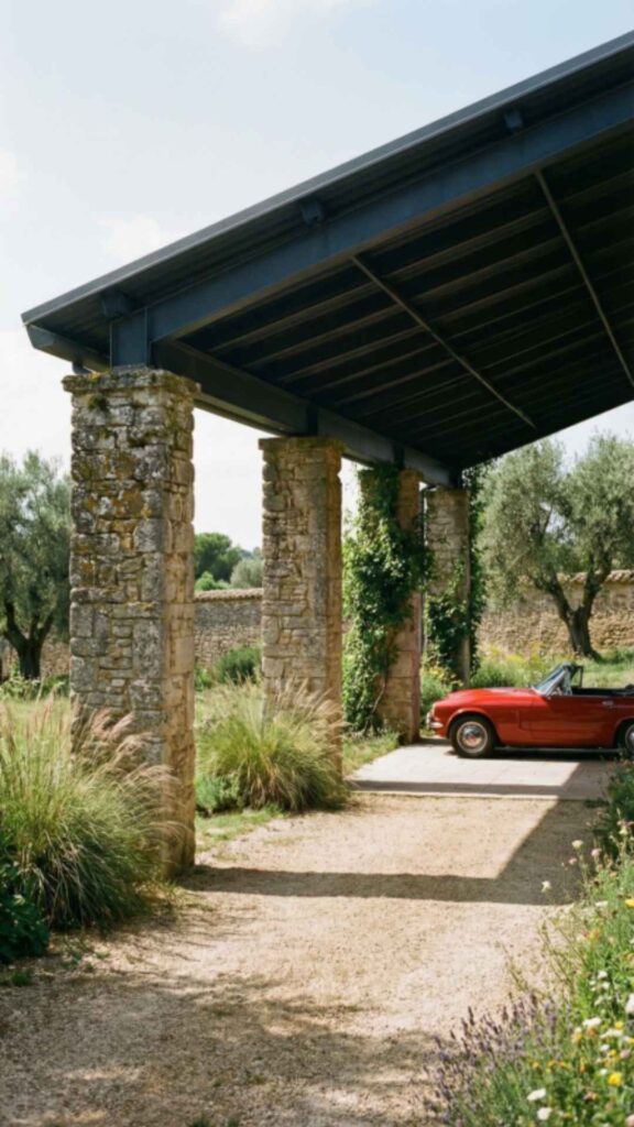 Rustic Carport with Stone Columns