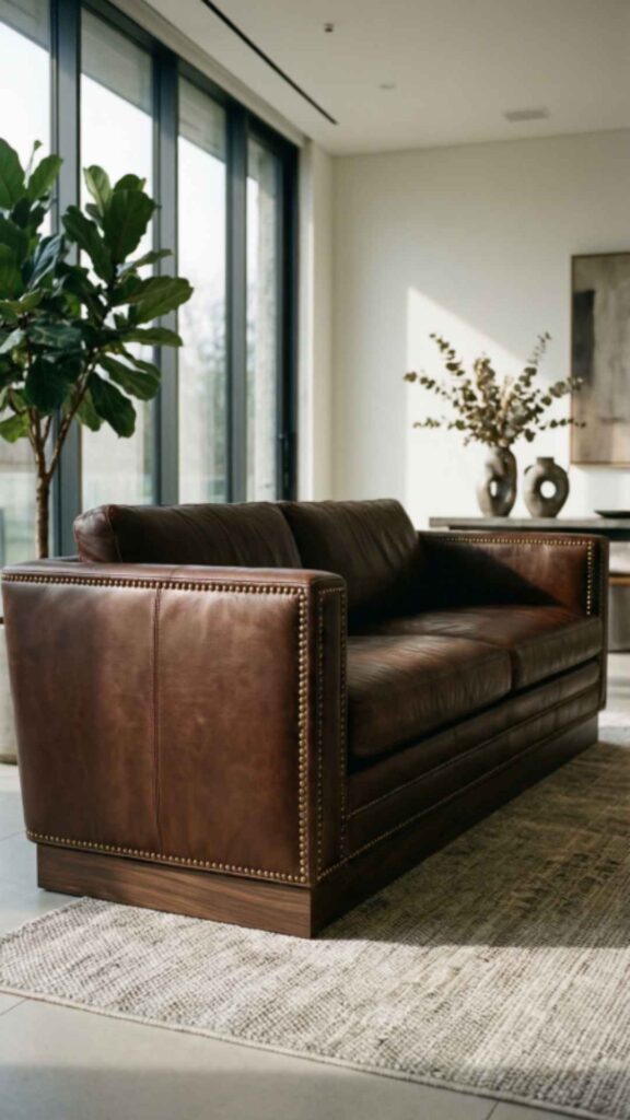 Leather Sofa with Nailhead Trim