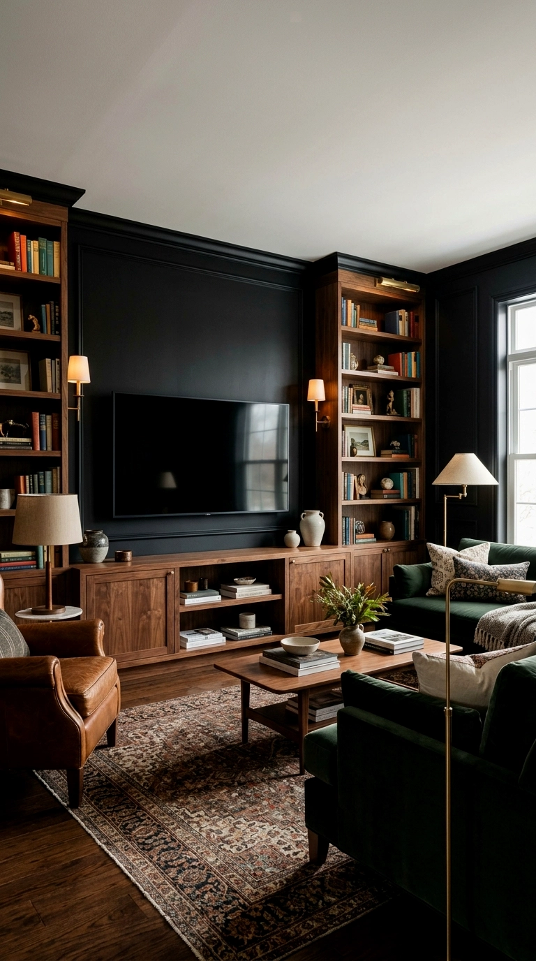 1. Black walls with a walnut media unit