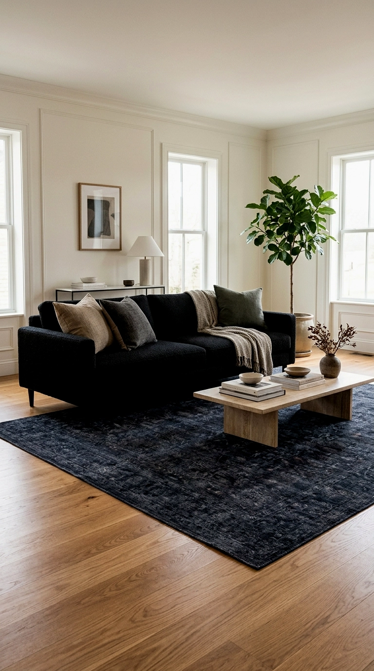 2. Black sofa on a warm oak floor