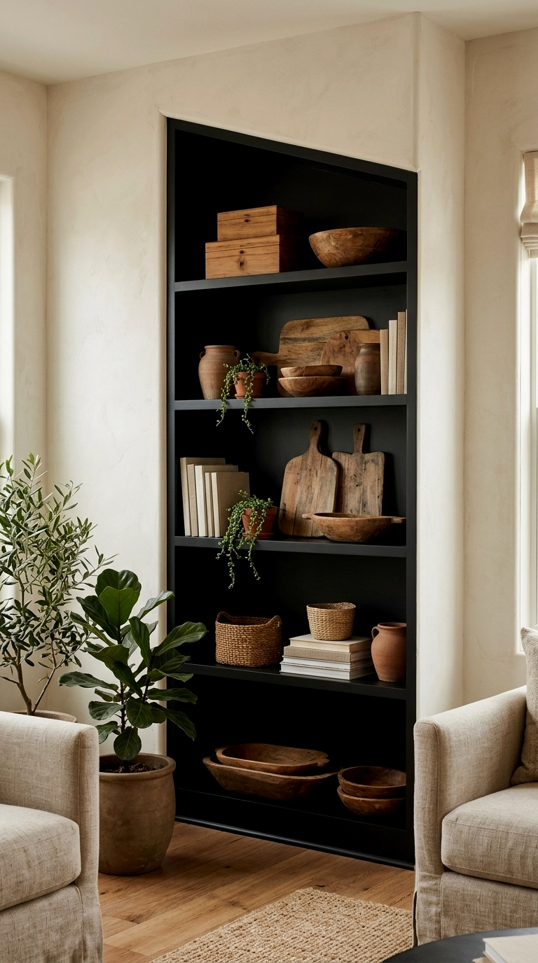 3. Black shelving styled with wood boxes, bowls and boards