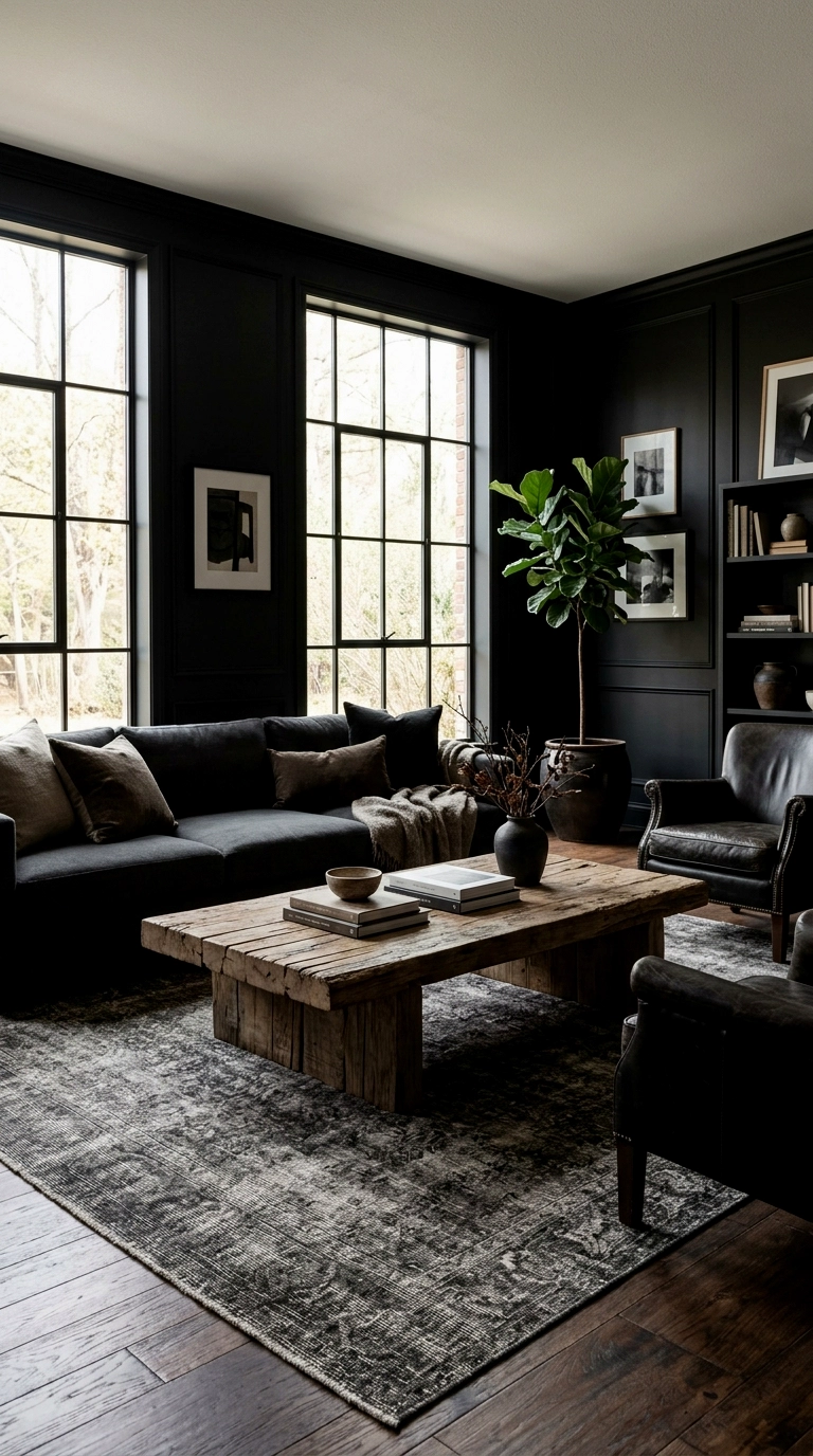4. A black room with a reclaimed wood coffee table