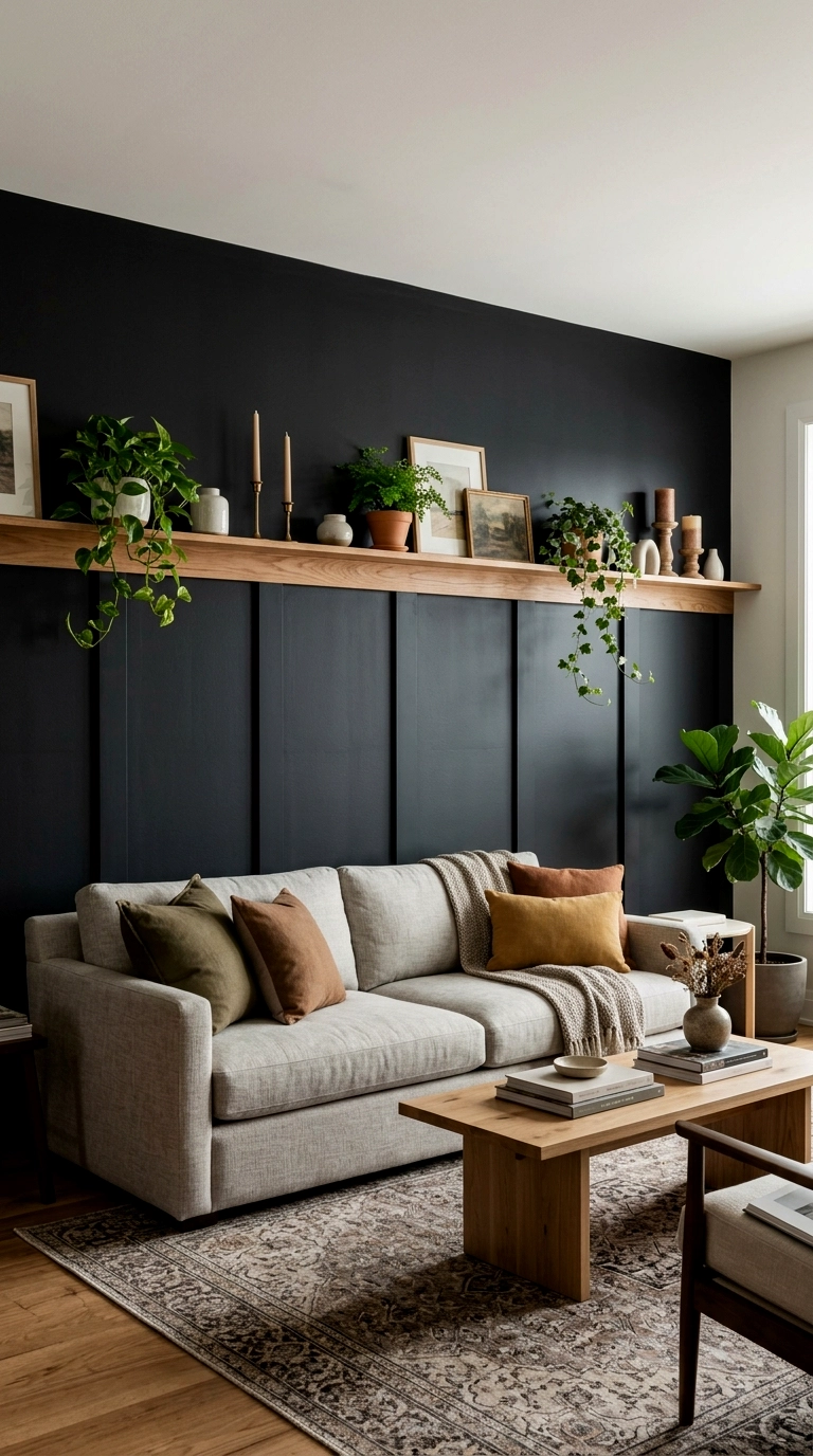 5. Black panelling with a wood picture rail and shelf