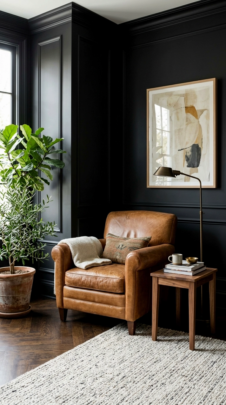 6. Black walls, tan leather chair, wood side table