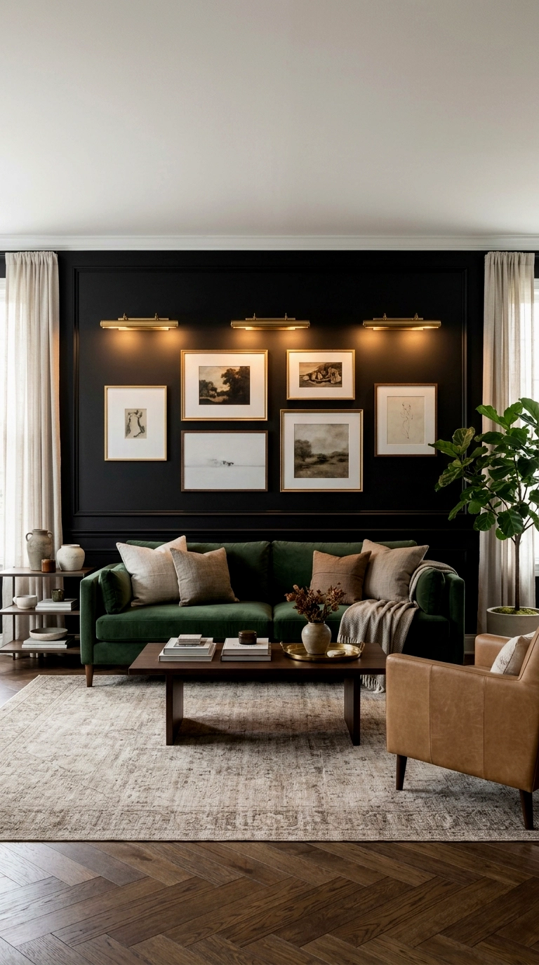 10. Picture lights over art on black walls