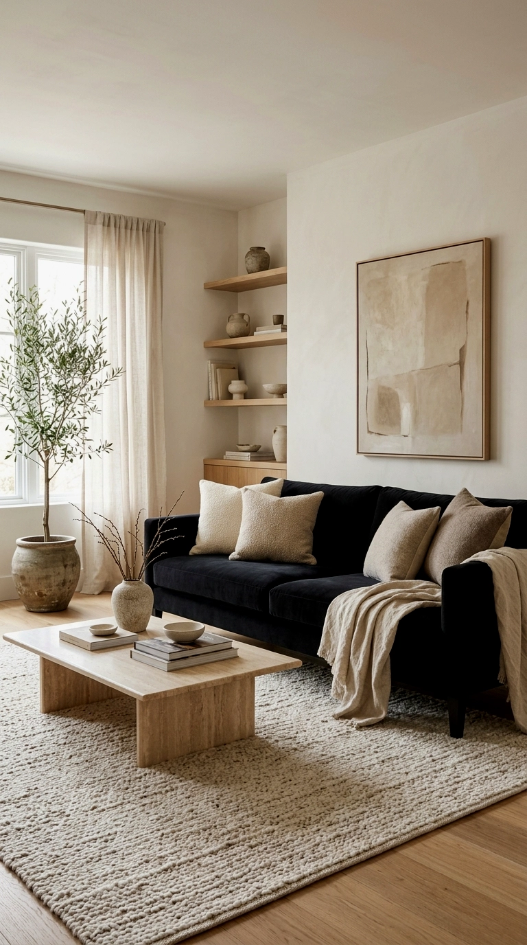 13. Black velvet sofa with wool and boucle cushions