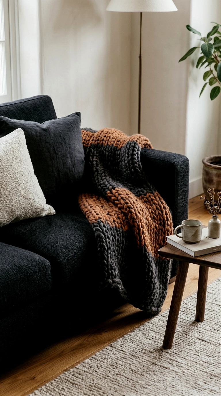 14. A chunky knit or woven throw in charcoal and rust