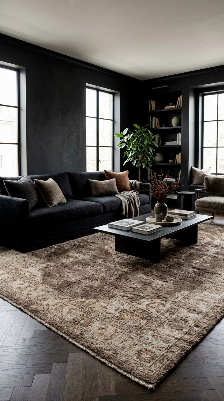15. Black walls with a high pile warm toned rug