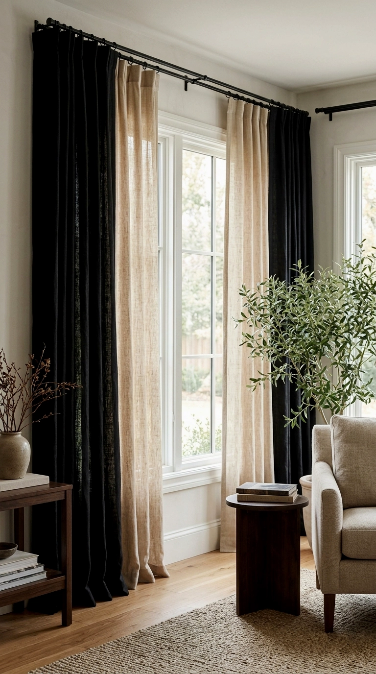 18. Layered curtains: black outer, warm linen inner