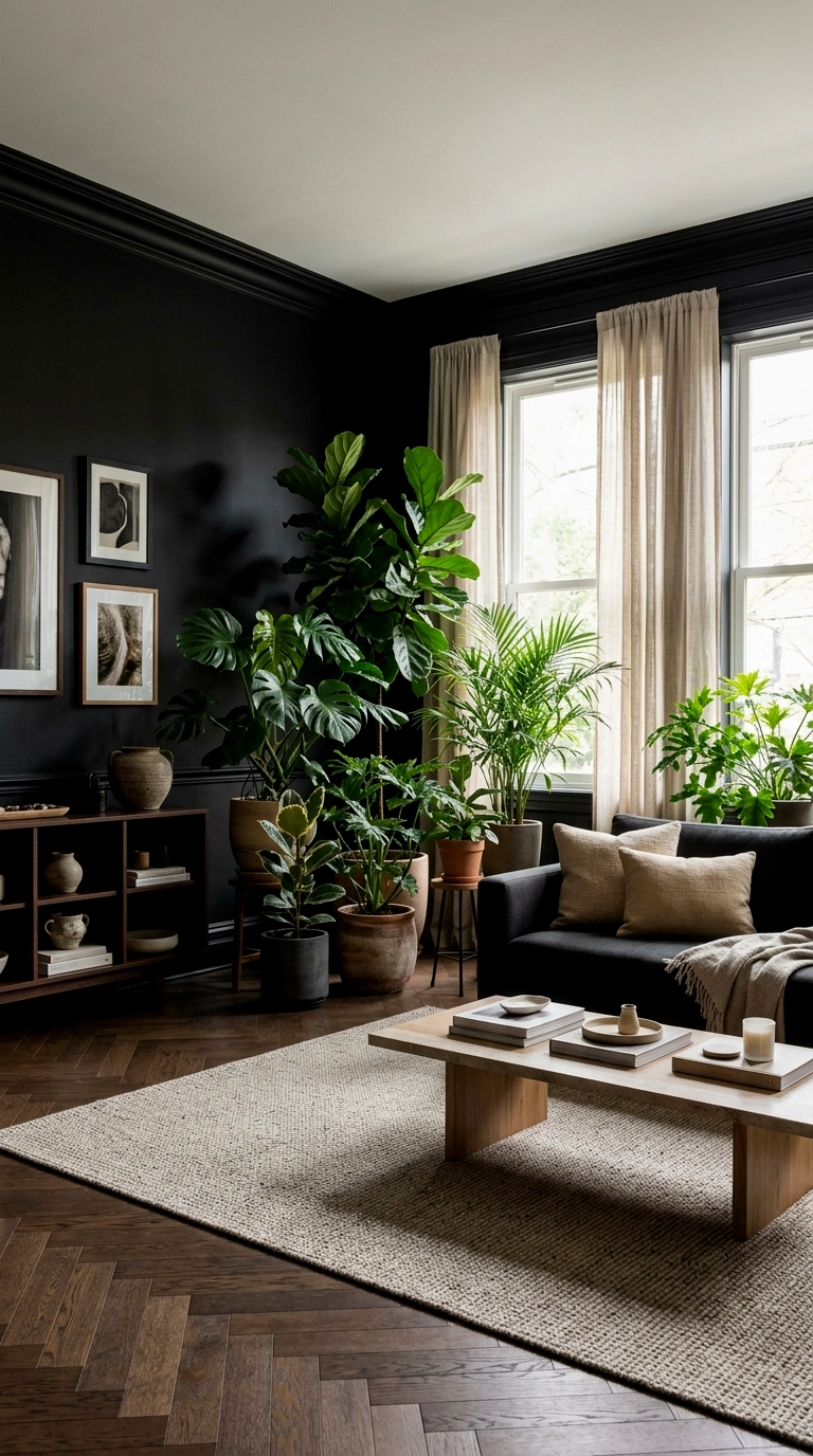 20. Black walls with deep green plants everywhere