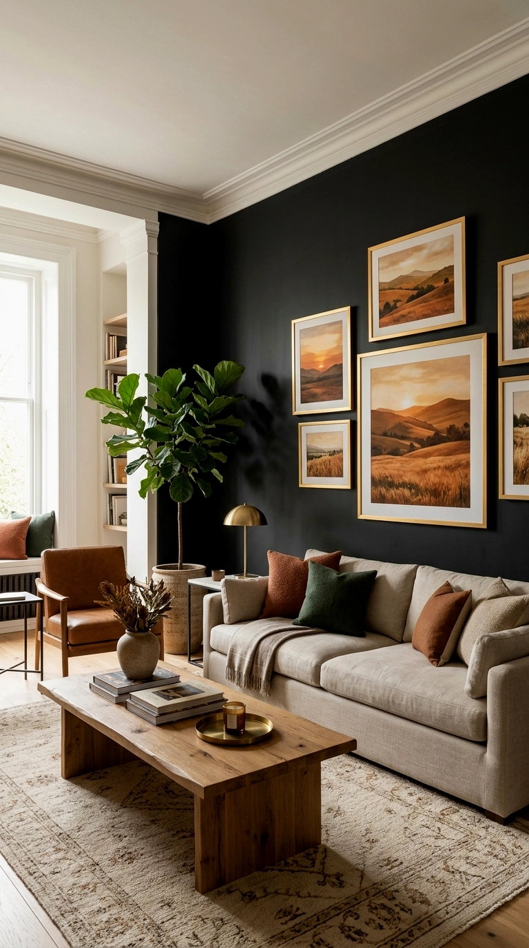 21. Black with warm artwork: landscapes, portraits, gold frames