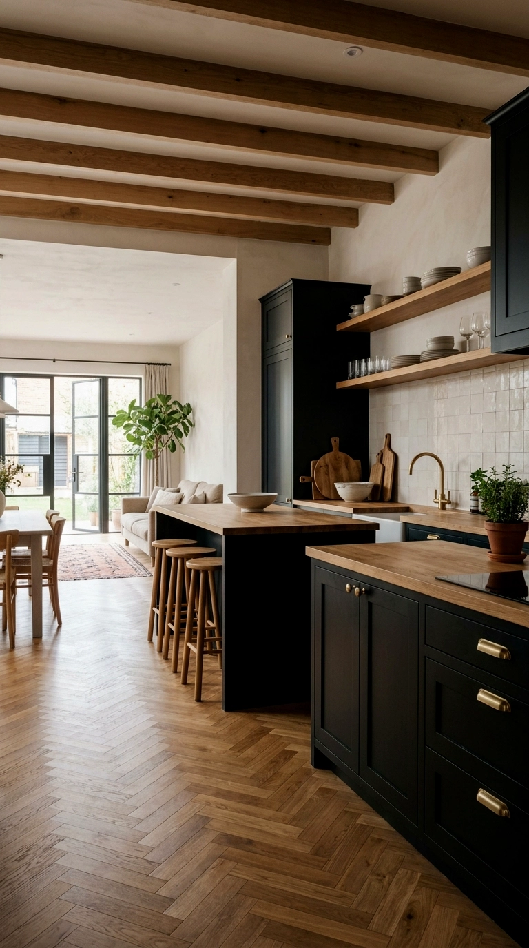 22. Black kitchen style living: black units, wood worktop, brass