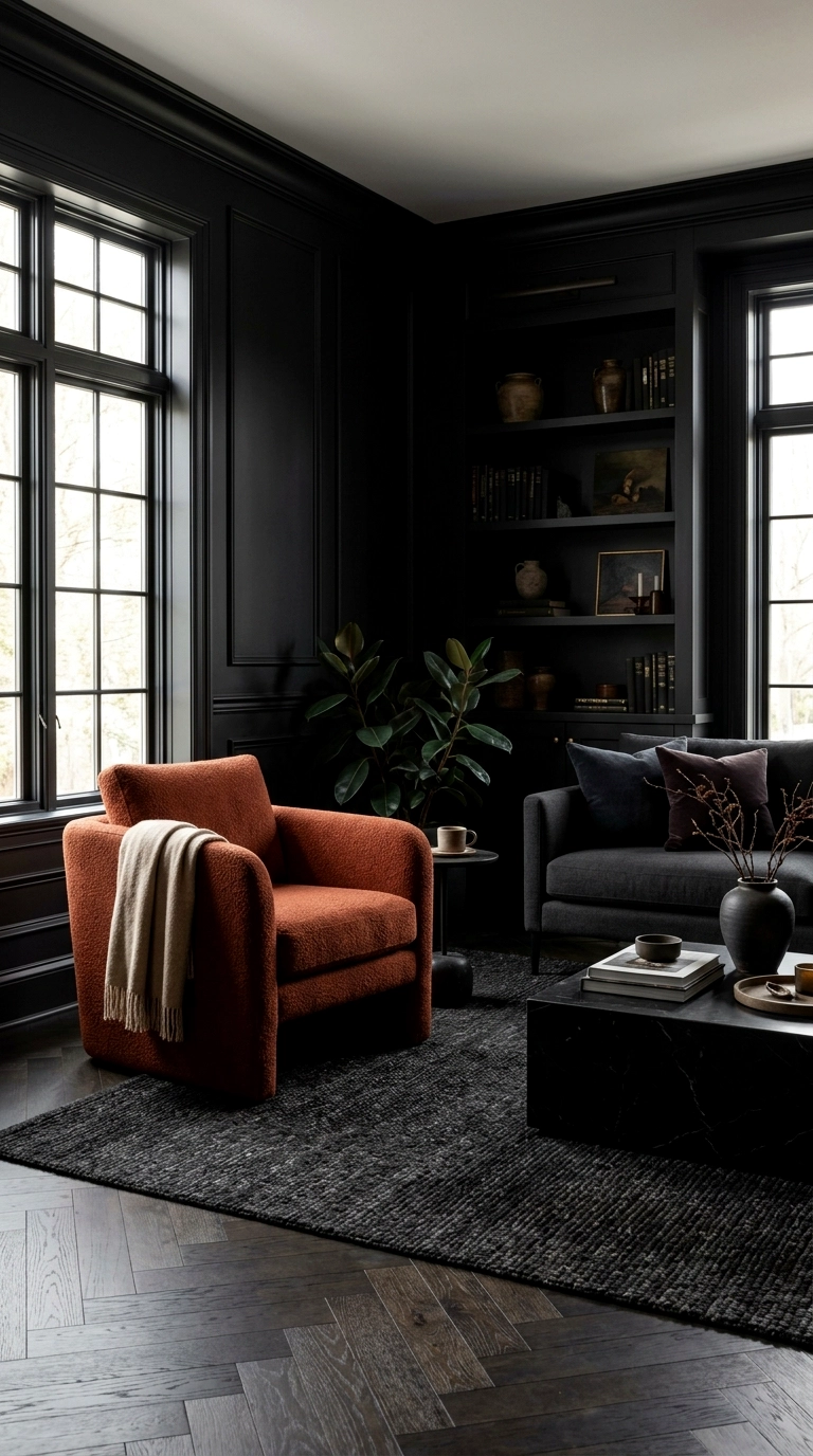 23. Black with one rust or terracotta armchair
